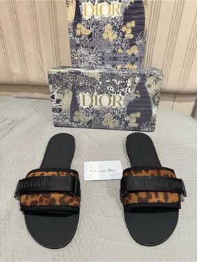 Dior Women's Leopard Print Slide Sandals - Black & Brown